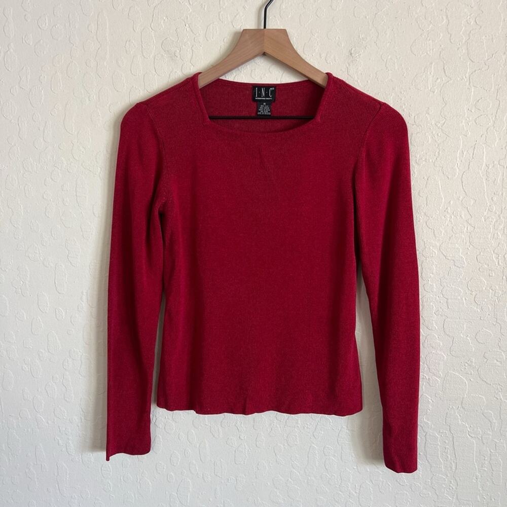 Vintage 90s INC Silk Square Neck Ribbed Knit Long Sleeve Sweater Medium Red